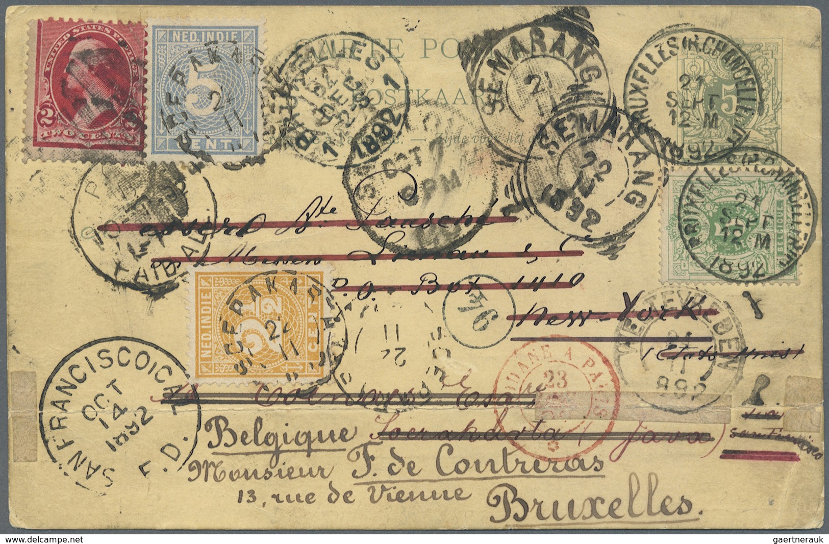 GA Niederländisch-Indien: 1892 World Around: Belgian PS Card Back To Belgium Via New York (franked US 2 - Netherlands Indies