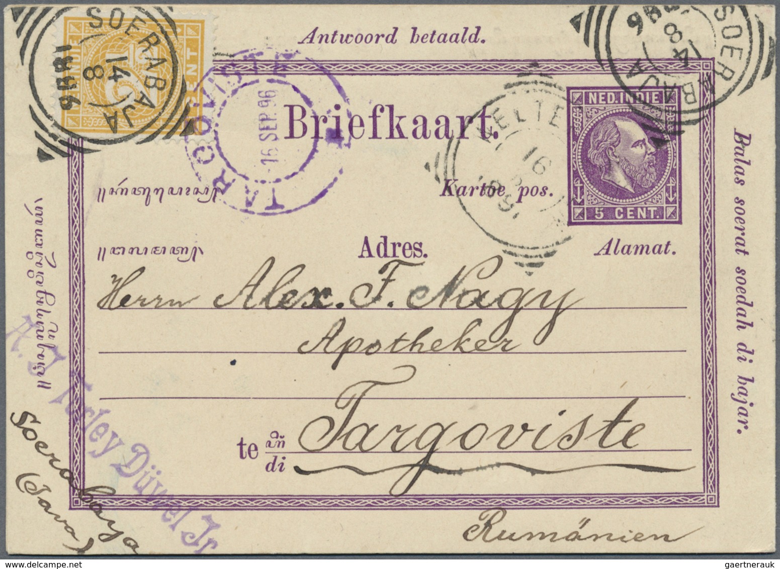GA Niederländisch-Indien: 1896, Stationery Double-card 5 + 5 C Violet Uprated 2½ C Yellow Sent From "SO - Netherlands Indies