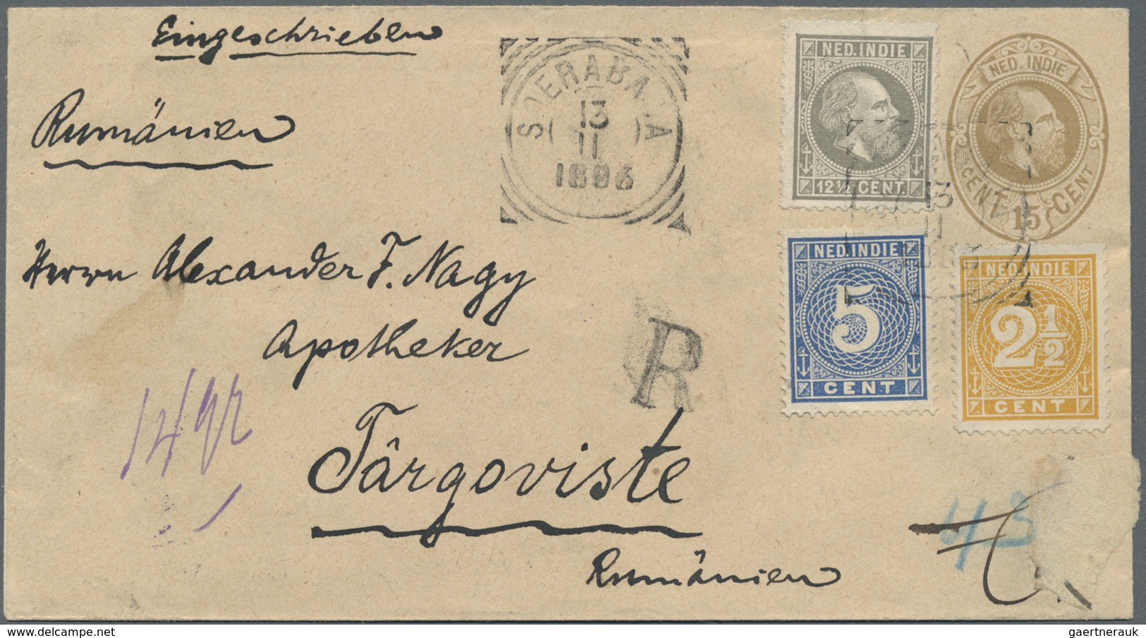 GA Niederländisch-Indien: 1896, Stationery Envelope 15 C Occre Uprated 2½ C, 5 C And 12½ C Sent Registe - Nederlands-Indië