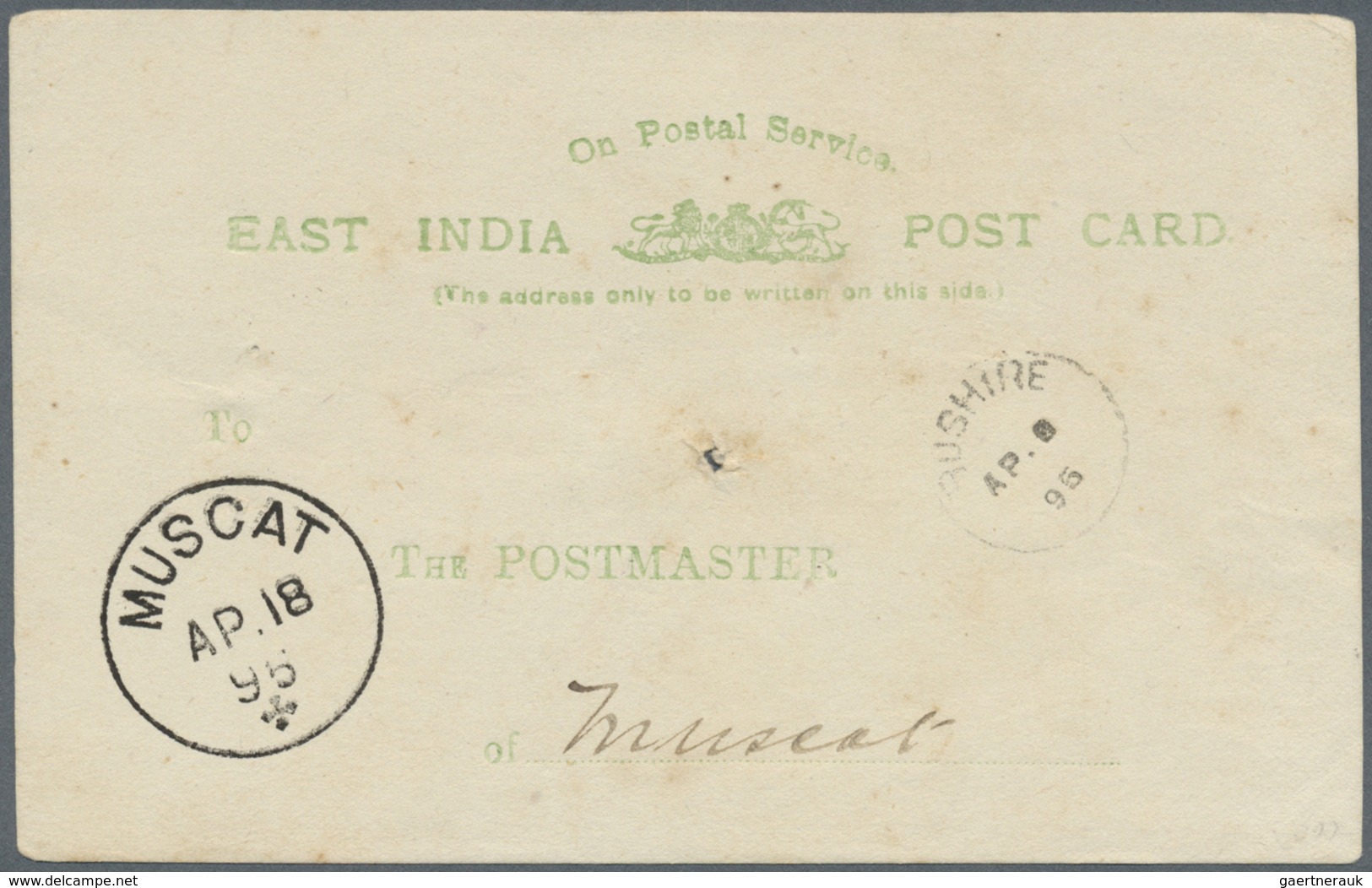 GA Oman: PERSIA 1895: Indian Official Postal Stationery Card Used From BUSHIRE To MUSCAT With Small "BU - Oman