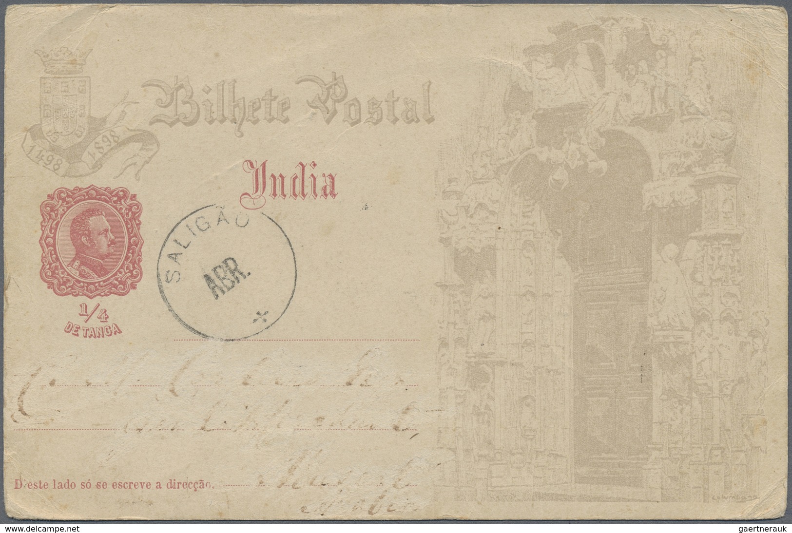 GA Oman: 1898, Postal Stationery Card Portuguese India 1/4 De Tanga Tied By Clear "SALIGAO ABR" Cds. Ad - Oman