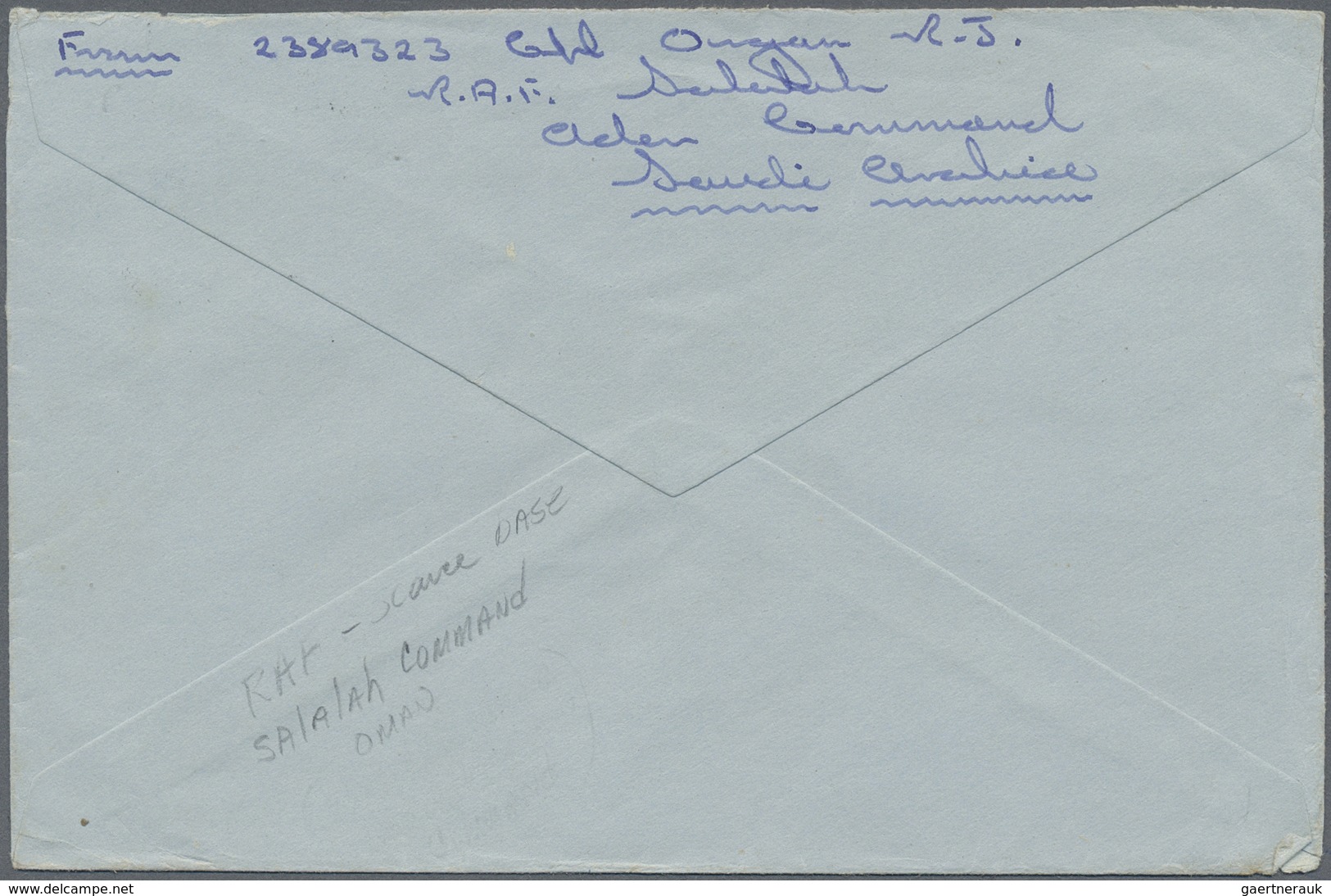 Br Oman: 1949. Air Mail Envelope Written From 'R.A.F. Salalah, Aden Command, Saudi Arabia' Addressed To - Oman