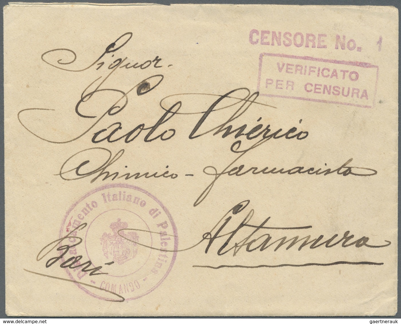 Br Palästina: 1917, Envelope With "RISTALLAMENTO ITALIANO DI PALÄSTINA COMMANDO" With Censor "VRIFICATO - Palestine