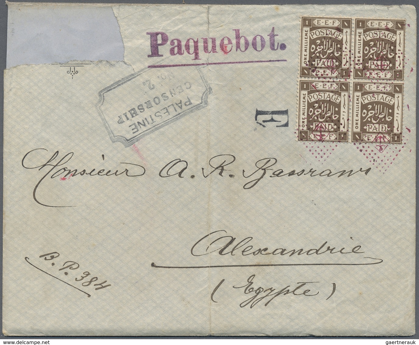 Br Palästina: 1918, A Very Unusual Steamship Cover With 1 M Olive Block Of 4 Of The Typographed Issue T - Palestine