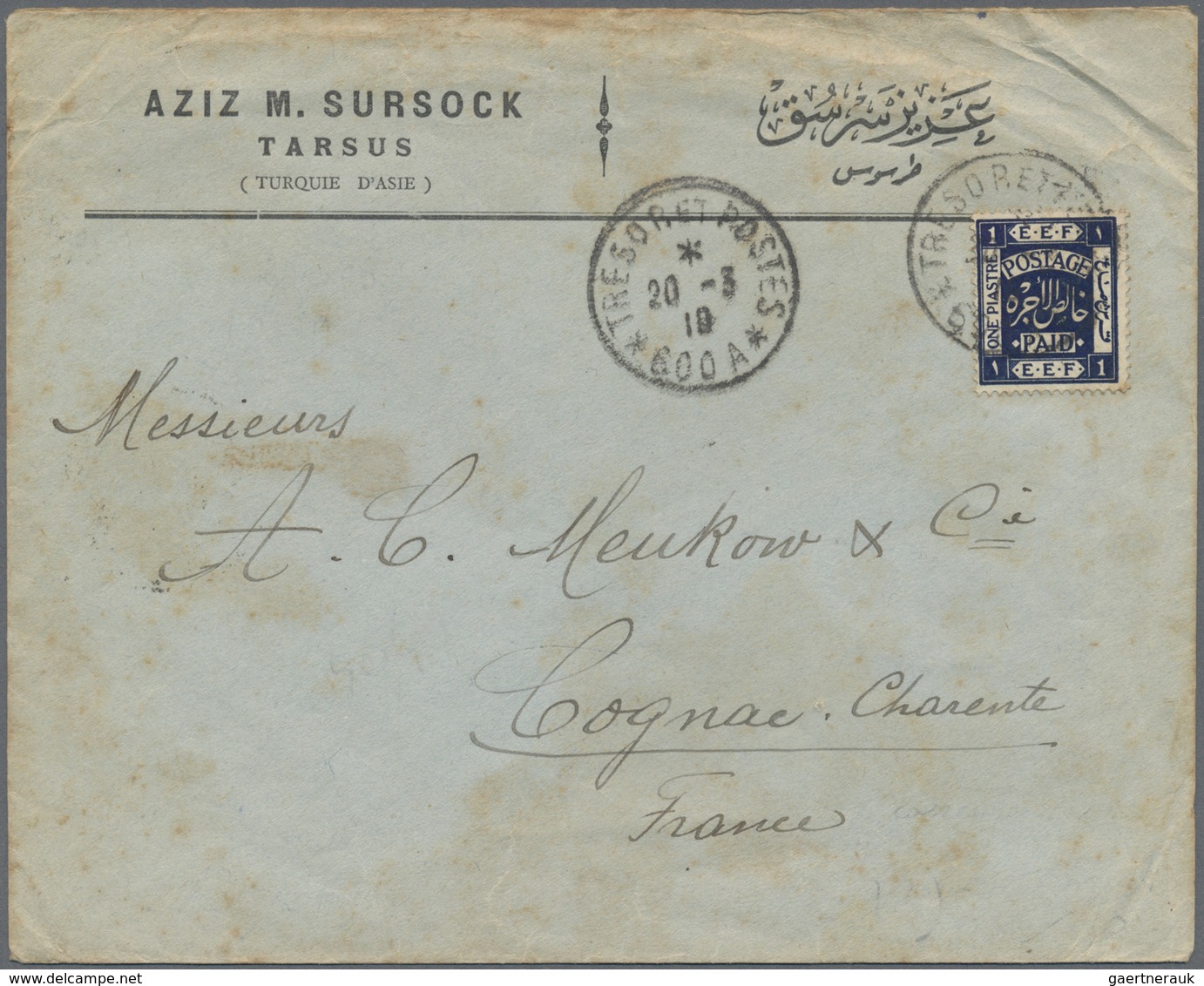 Br Palästina: 1919. Envelope (faults/stains) To France Written From Tarous Bearing Palestine SG 10, 1p - Palestine