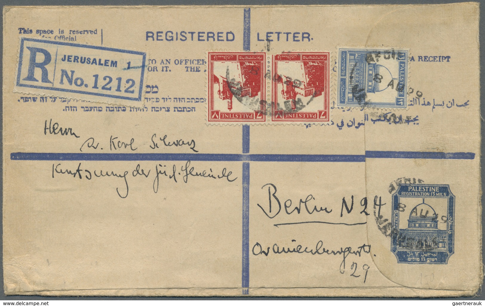 GA Palästina: 1929, 13 M. Stat. Envelope (156 X 95) With Additional Franking Sent Registered From JERUS - Palestina