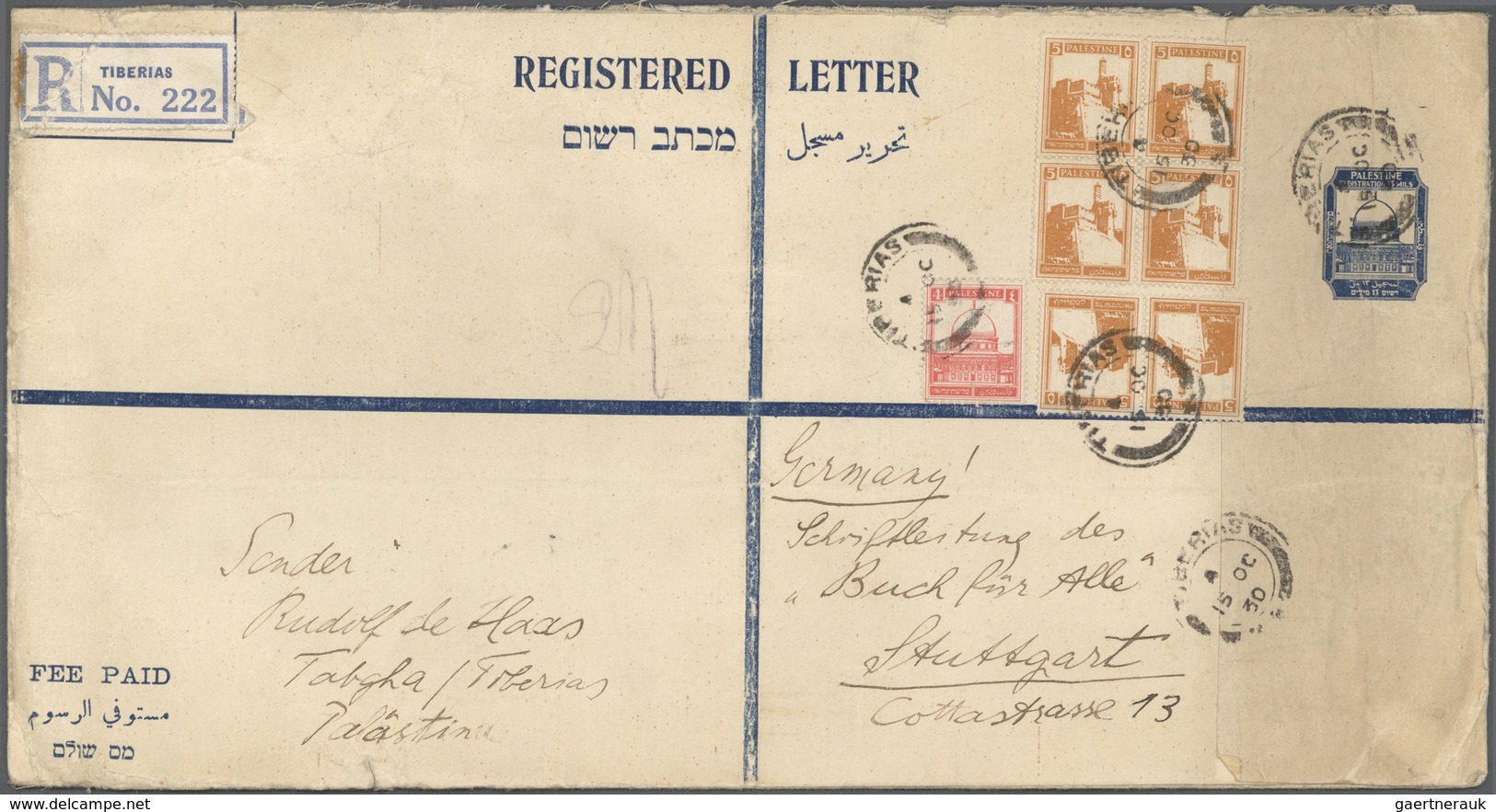 GA Palästina: 1930. Large Size Registered Postal Stationery Envelope (vertical Fold) 13m Indigo Upgrade - Palestine