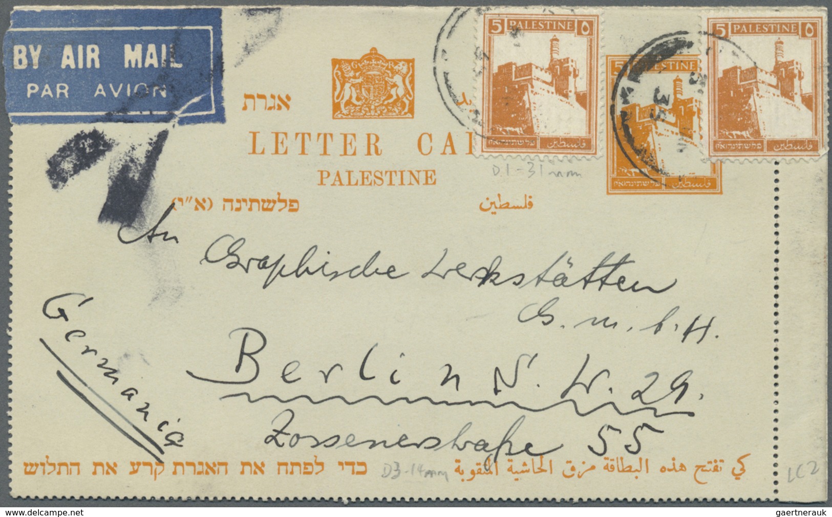 GA Palästina: 1935/47, Stationery Letter Cards 8 C. (3, Two With Uprates Used Foreign  Inc. Air Mail) A - Palestina