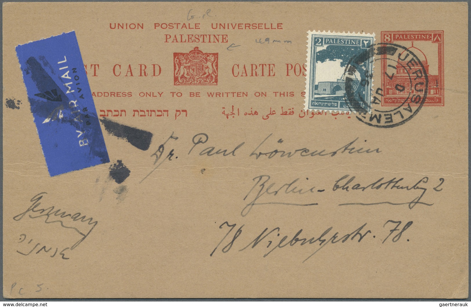 GA Palästina: 1936/37, UPU Card 8 C. Uprated 2 C. For Airmail Used To Germany From Jerusalem And Haifa. - Palestina