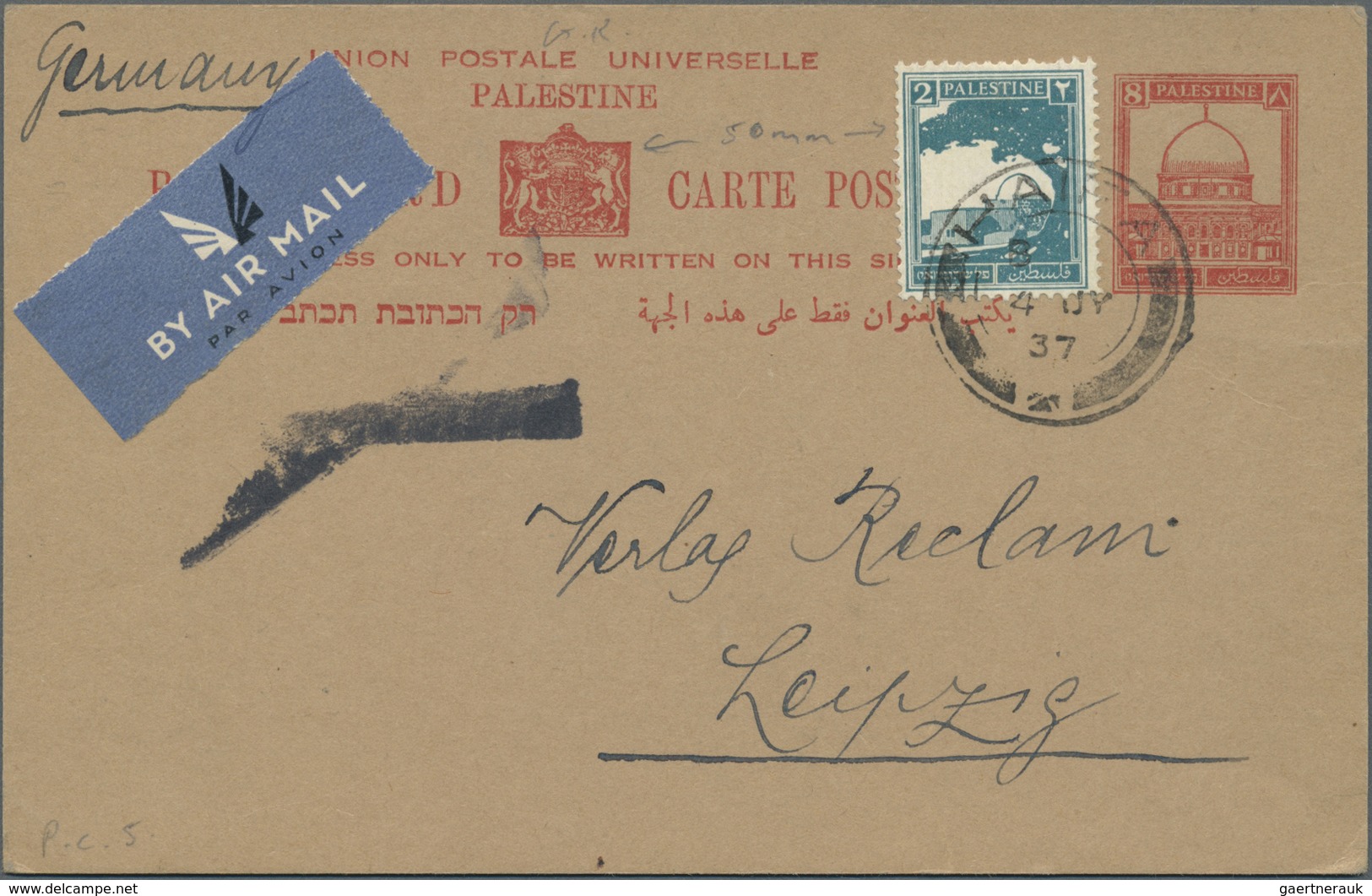 GA Palästina: 1936/37, UPU Card 8 C. Uprated 2 C. For Airmail Used To Germany From Jerusalem And Haifa. - Palestina