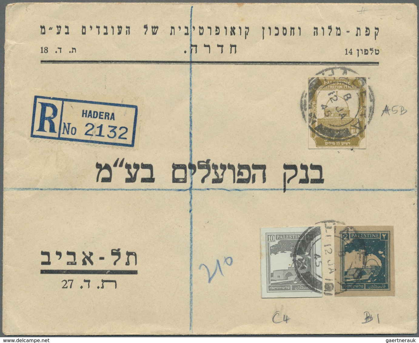 Br/GA Palästina: 1943/47, Three Covers Used Registered From Hadera With Stationery Cut-outs, Also IRC Repl - Palestine