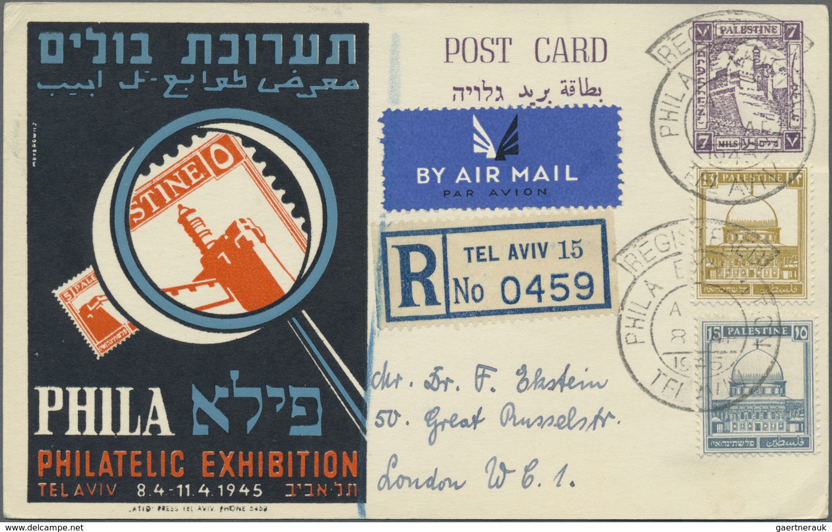 GA Palästina: 1945, Tel Aviv Philatellic Exhibiton Stationery Cards Used (6): Air Mail Registered To Lo - Palestine