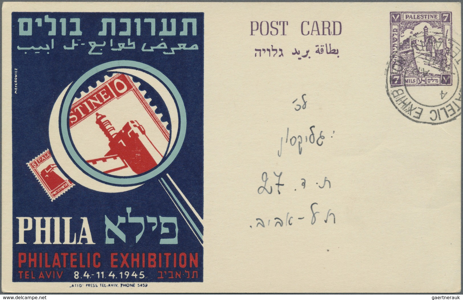 GA Palästina: 1945, Tel Aviv Philatellic Exhibiton Stationery Cards Used (6): Air Mail Registered To Lo - Palestina