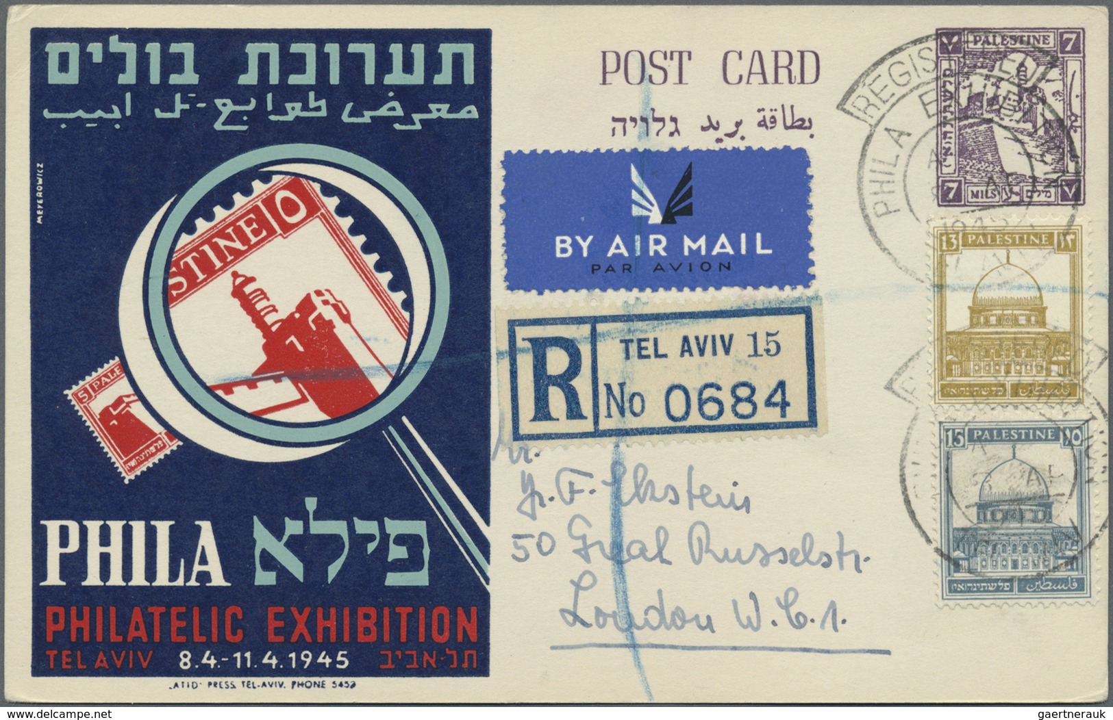 GA Palästina: 1945, Tel Aviv Philatellic Exhibiton Stationery Cards Used (6): Air Mail Registered To Lo - Palestine