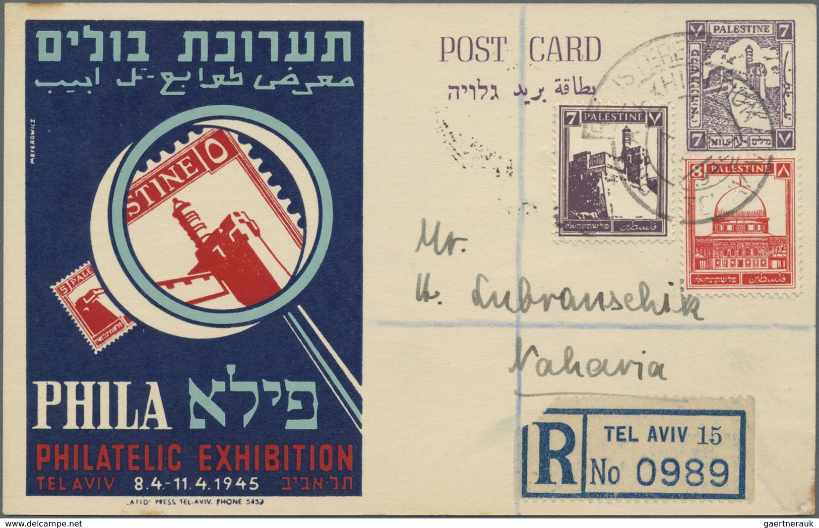 GA Palästina: 1945, Tel Aviv philatellic exhibiton stationery cards used (6): air mail registered to Lo