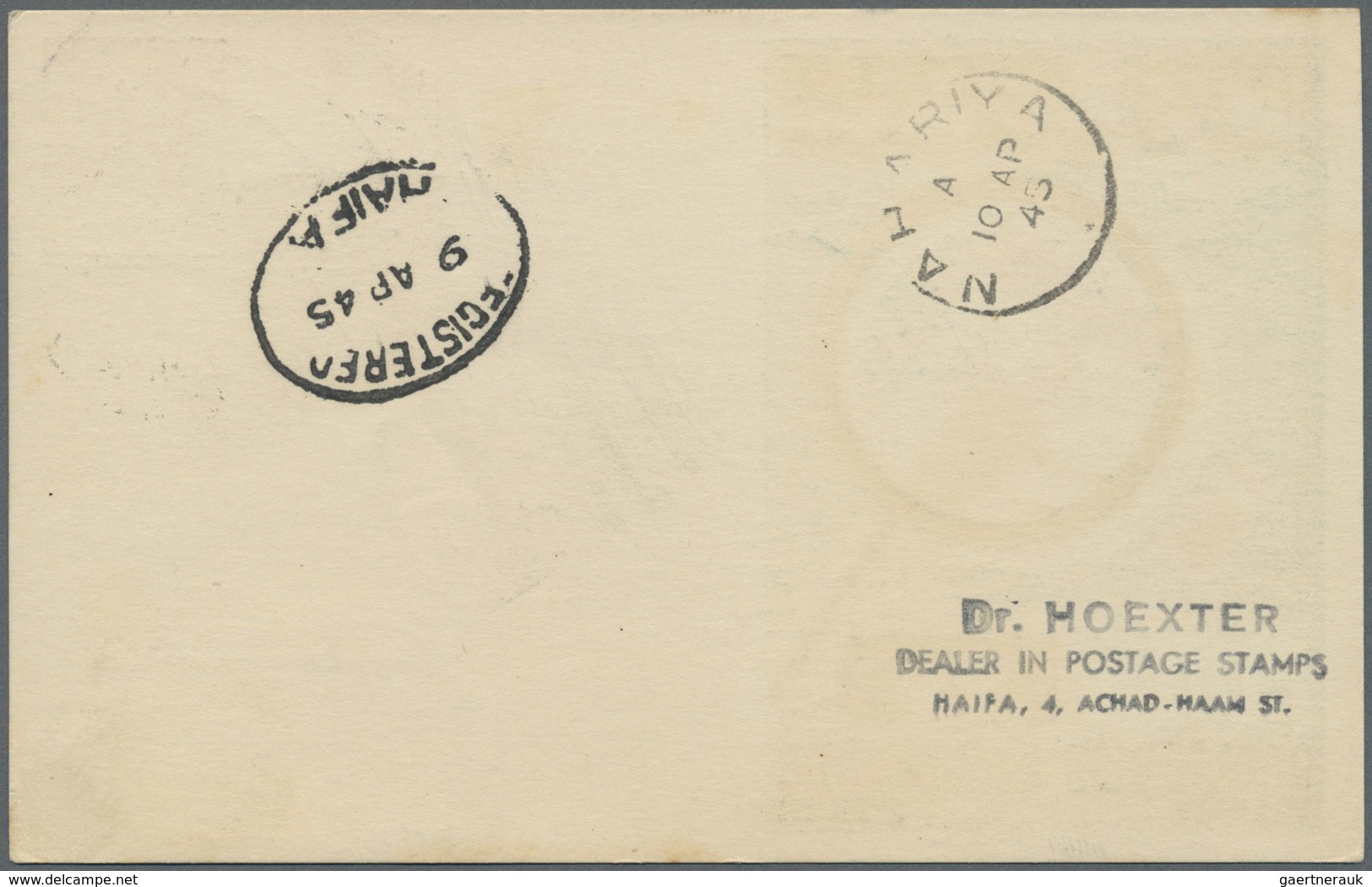 GA Palästina: 1945, Tel Aviv philatellic exhibiton stationery cards used (6): air mail registered to Lo