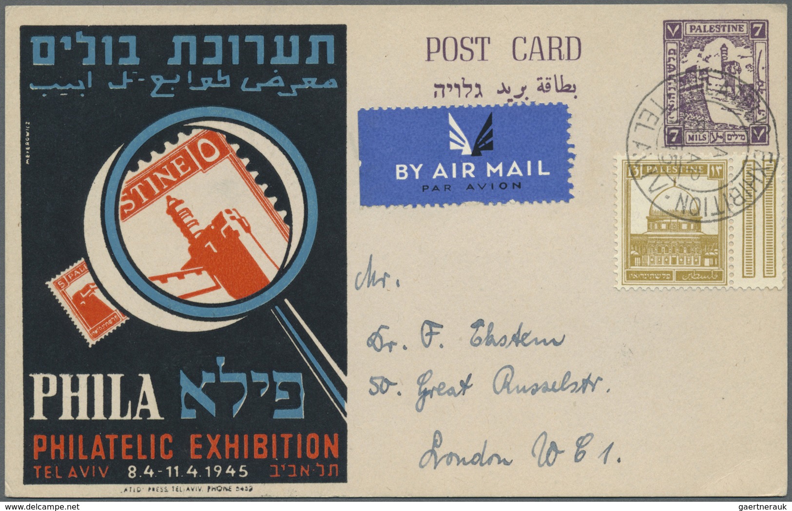 GA Palästina: 1945, Tel Aviv philatellic exhibiton stationery cards used (6): air mail registered to Lo