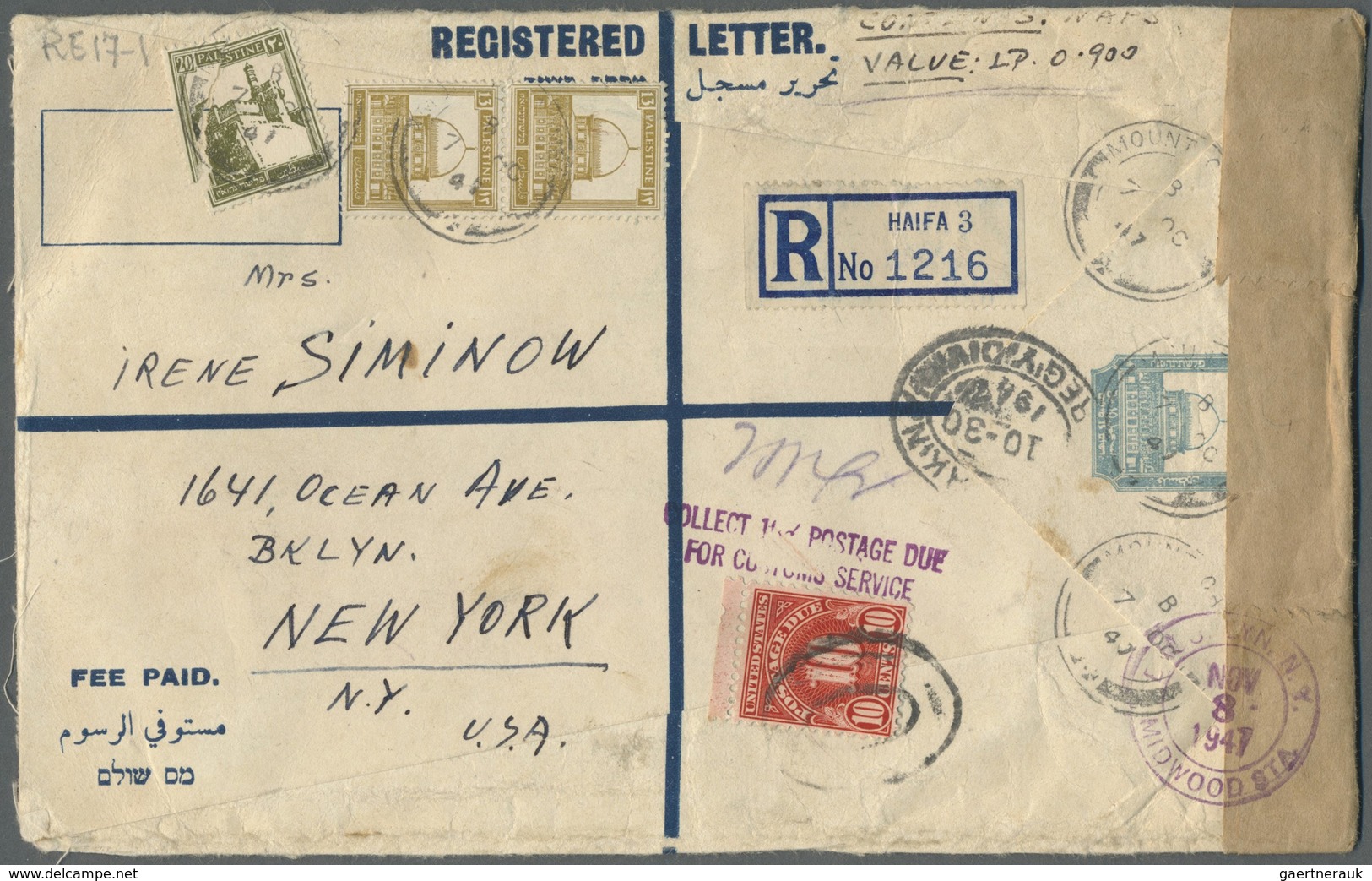 GA Palästina: 1947, Stationery Envelope (200 X 125 Mm) With Additional Franking Sent To USA. Held By US - Palestina