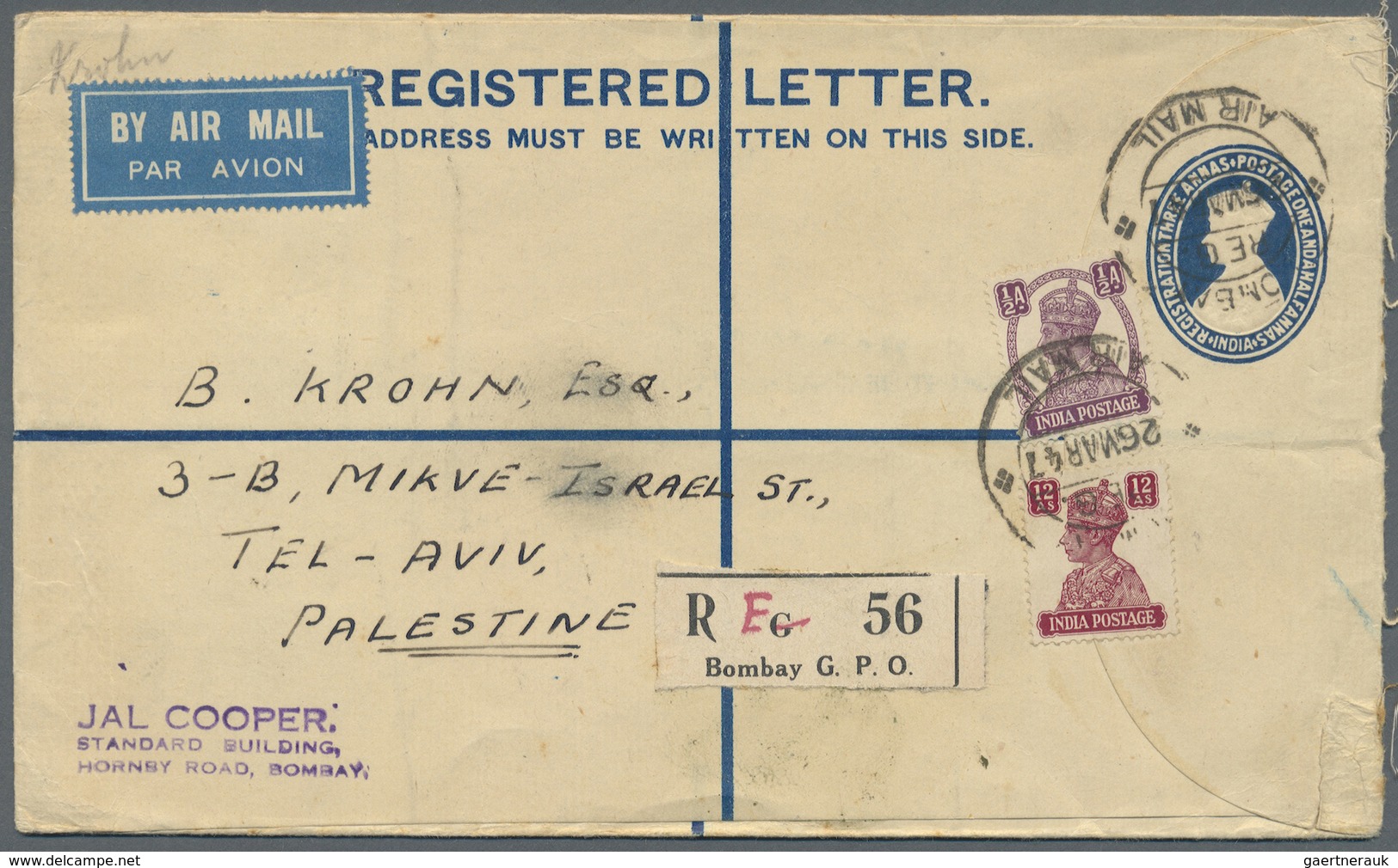 GA/ Palästina - Stempel: LYDDA AIRPORT (type D3): 1947 (26.3.), Registered Letter From India With Very F - Palestine