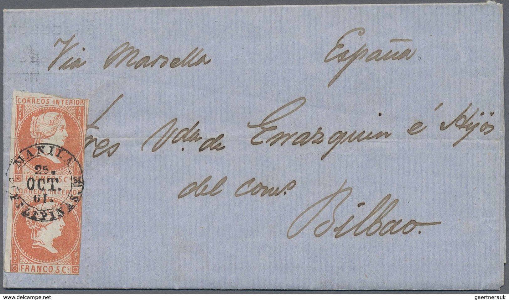 Br Philippinen: 1861: 5 Cu Vermillion, Vertical Pair, Touched On Three Sides, Tied By Cds "MANILA 25. O - Filippijnen