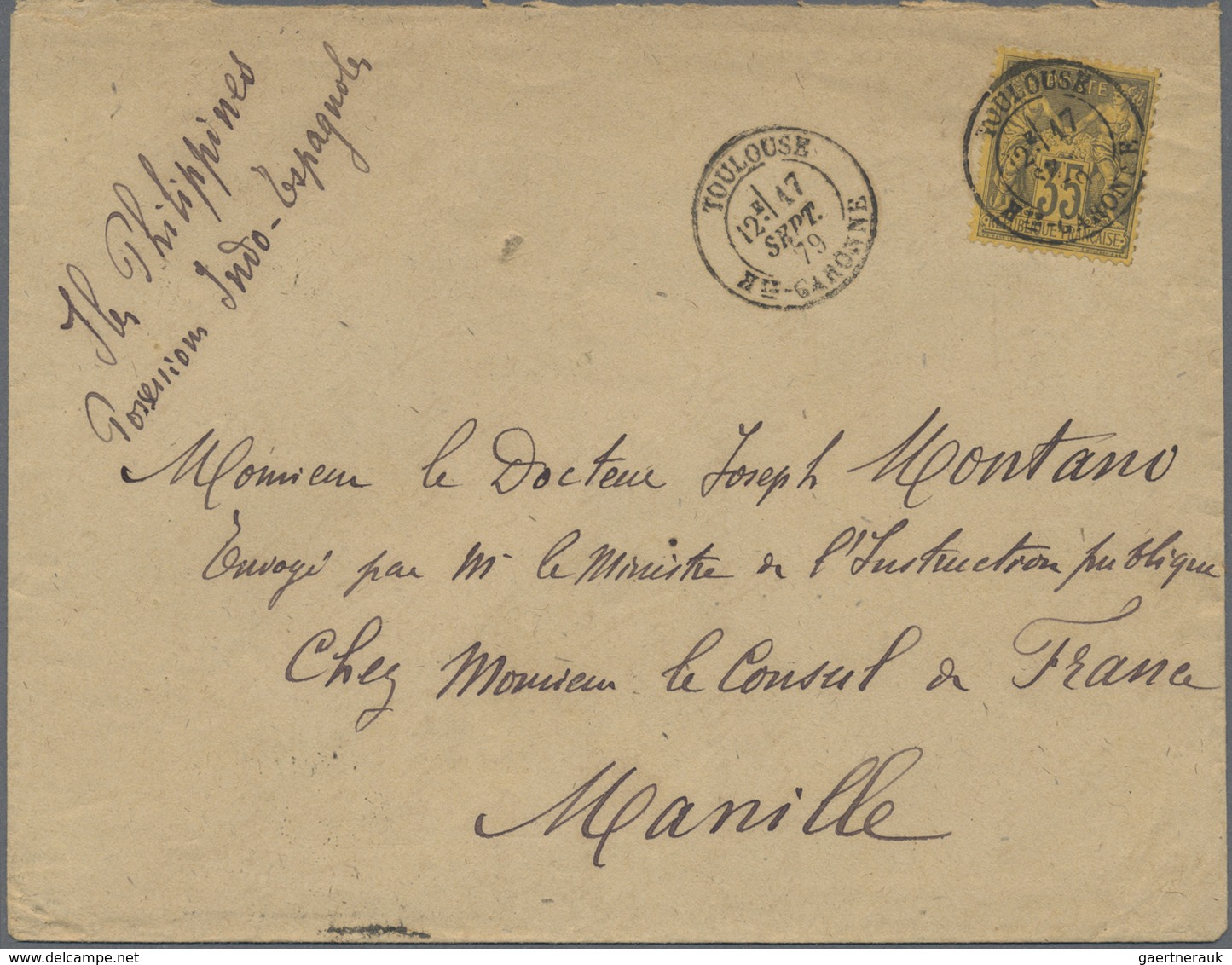 Br Philippinen: 1879. Envelope Addressed To The French Scientific Mission In Manila, Philippines Bearin - Philippines