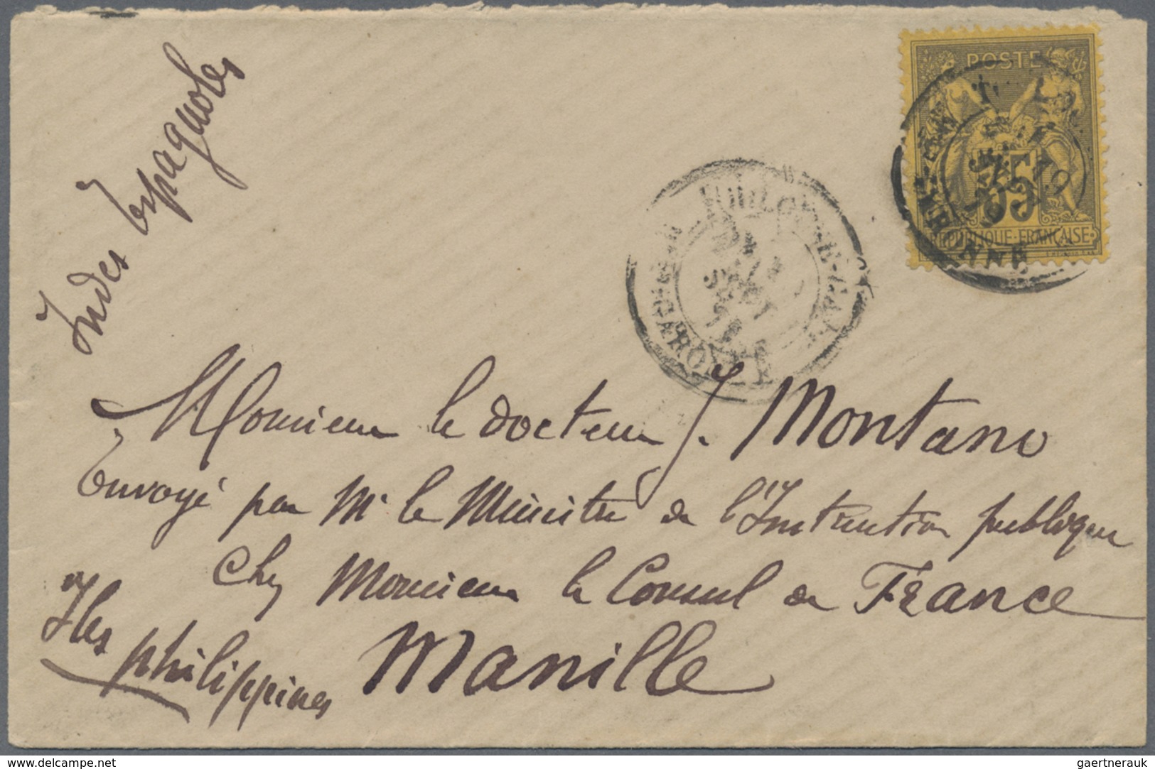 Br Philippinen: 1879. Envelope Addressed To The French Scientific Mission In Manila, Philippines Bearin - Filippijnen