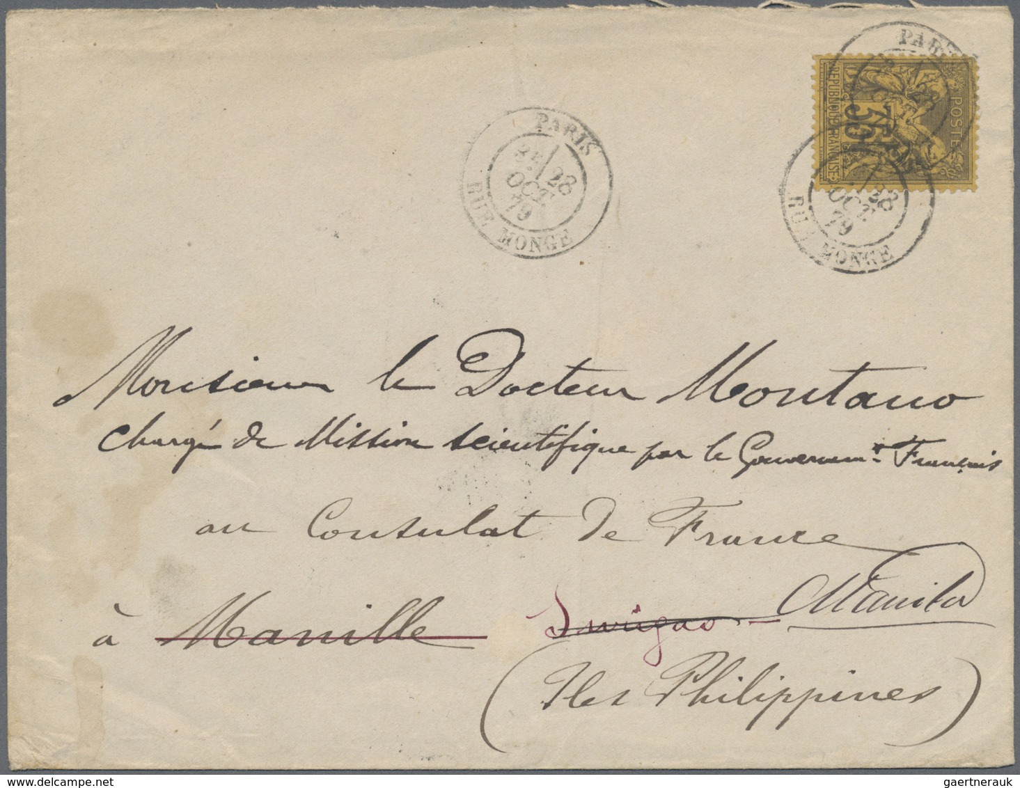 Br Philippinen: 1879. Envelope Addressed To The French Scientific Mission In Manila, Philippines Bearin - Filippijnen