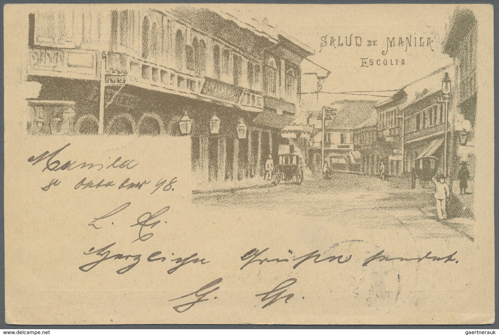 GA Philippinen: 1898 "SALUD DE MANILA" Illustration On Back Of German Navy Ship Mail Postal Stationery - Philippines