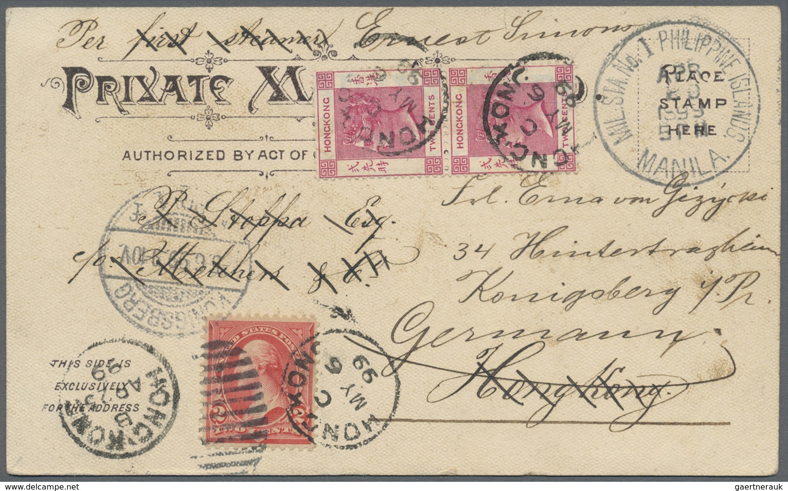 Philippinen: 1899, US 2 C. Unovpt. Tied Oval Bars To Colour Ppc "Private Mailing Card" Showing On Re - Filippijnen