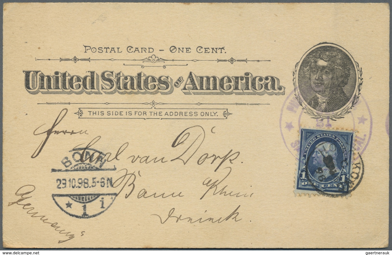 GA Philippinen - Ganzsachen: 1898, Card 1 C. Uprated 1 C. Blue Canc. Violet Double Circle "PHILIPPINE S - Philippines