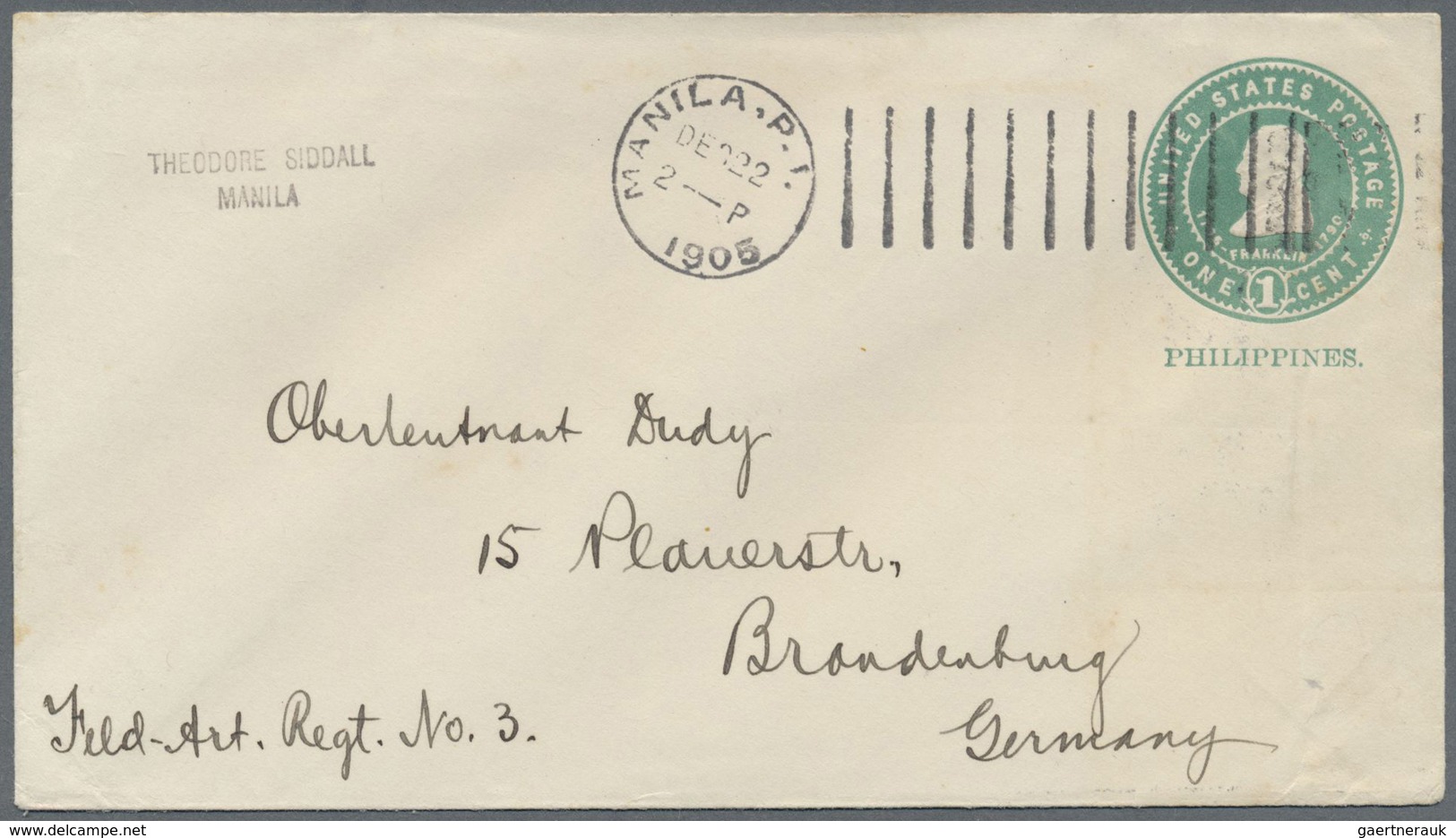 GA Philippinen - Ganzsachen: 1905, Stationery Envelope 1c. Green, Used To Germany, Oblit. By Rare Machi - Philippines