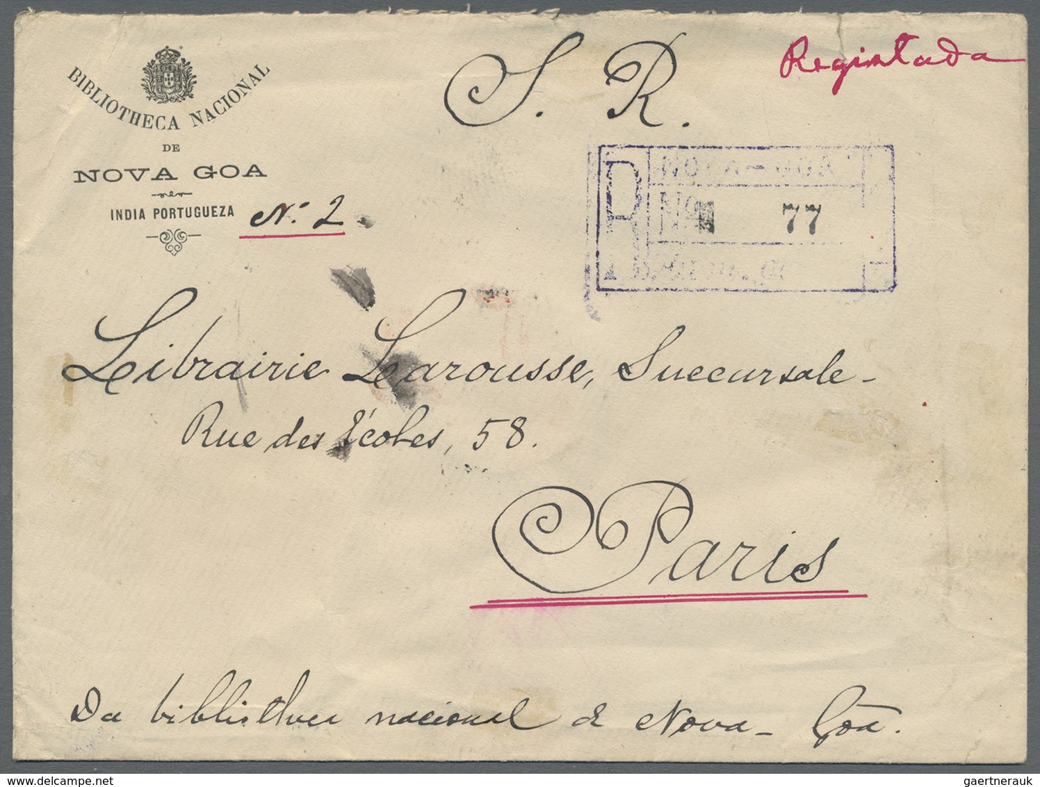 Br Portugiesisch-Indien: 1911. Registered Envelope Addressed To France Bearing Portuguese Lndia Yvert 1 - Portugees-Indië