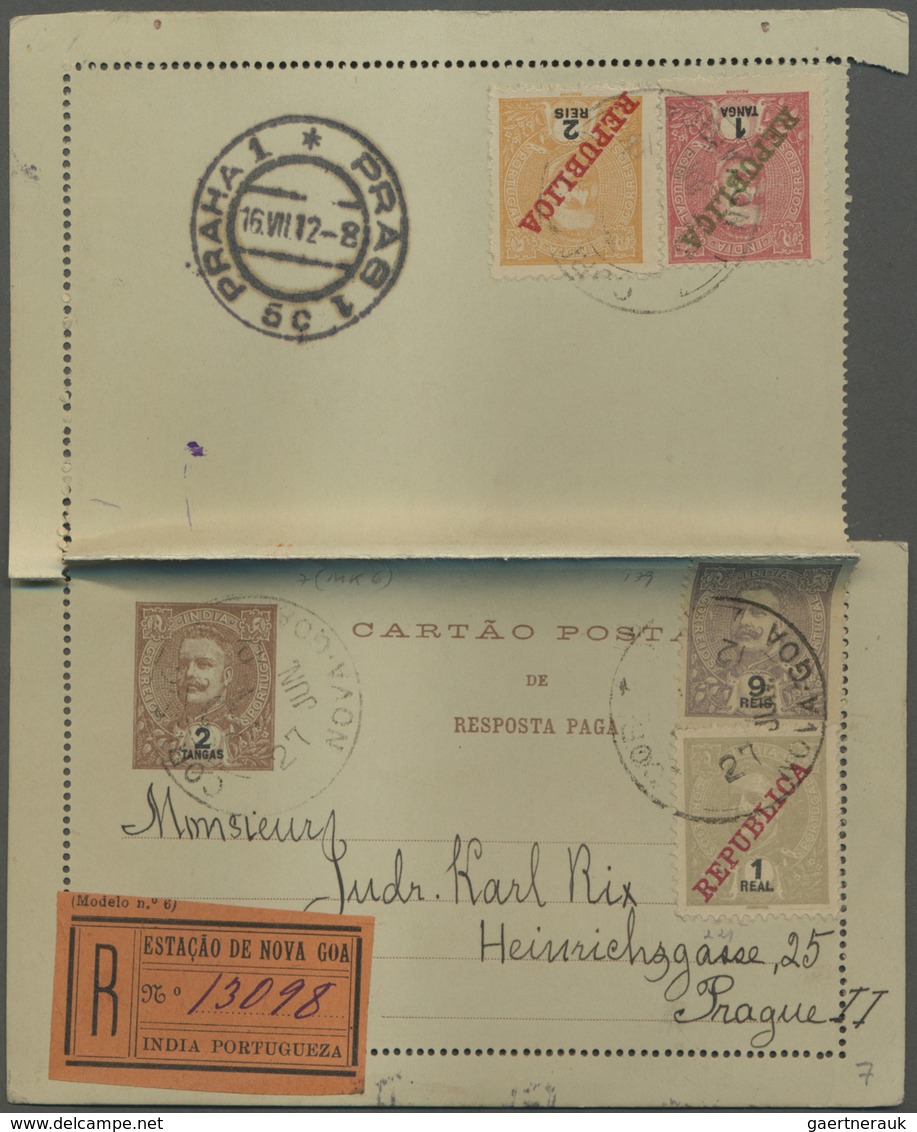 GA Portugiesisch-Indien: 1912/13, Two Letter Cards With Paid Reply Registered To Prague/Bohemia:  2 T. - Portugees-Indië