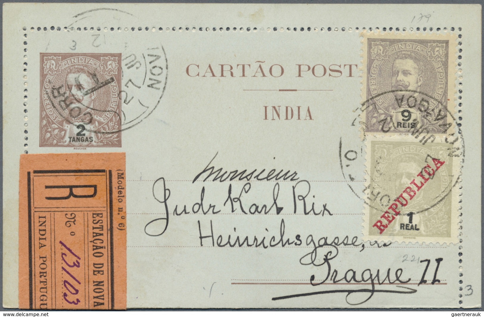 GA Portugiesisch-Indien: 1912/13, Two Letter Cards Registered To Prague/Bohemia:  2 1/2 T. Uprated 9 Rs - Portugees-Indië