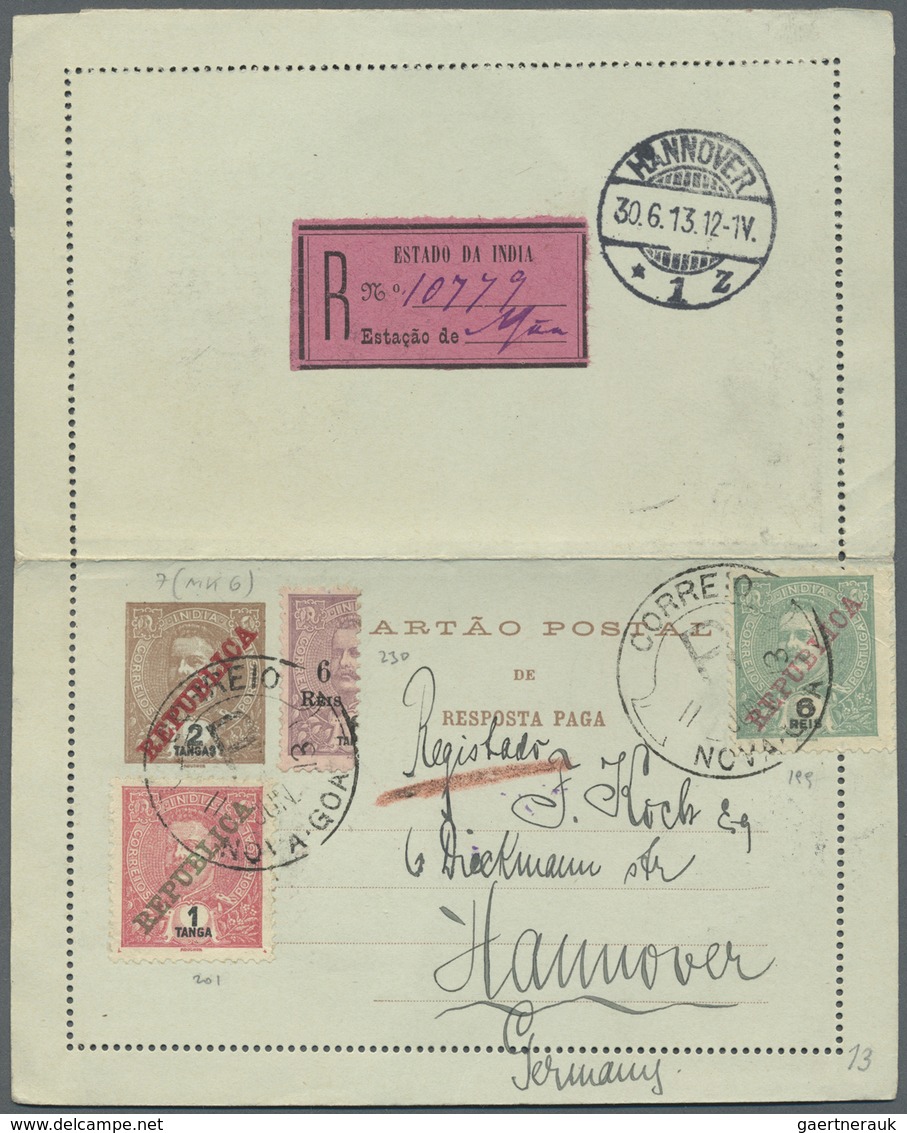 GA Portugiesisch-Indien: 1913, Letter Card 2 T. With Paid Reply Uprated 6 R. And 6 R./ 8 T. Bisect And - Portugees-Indië