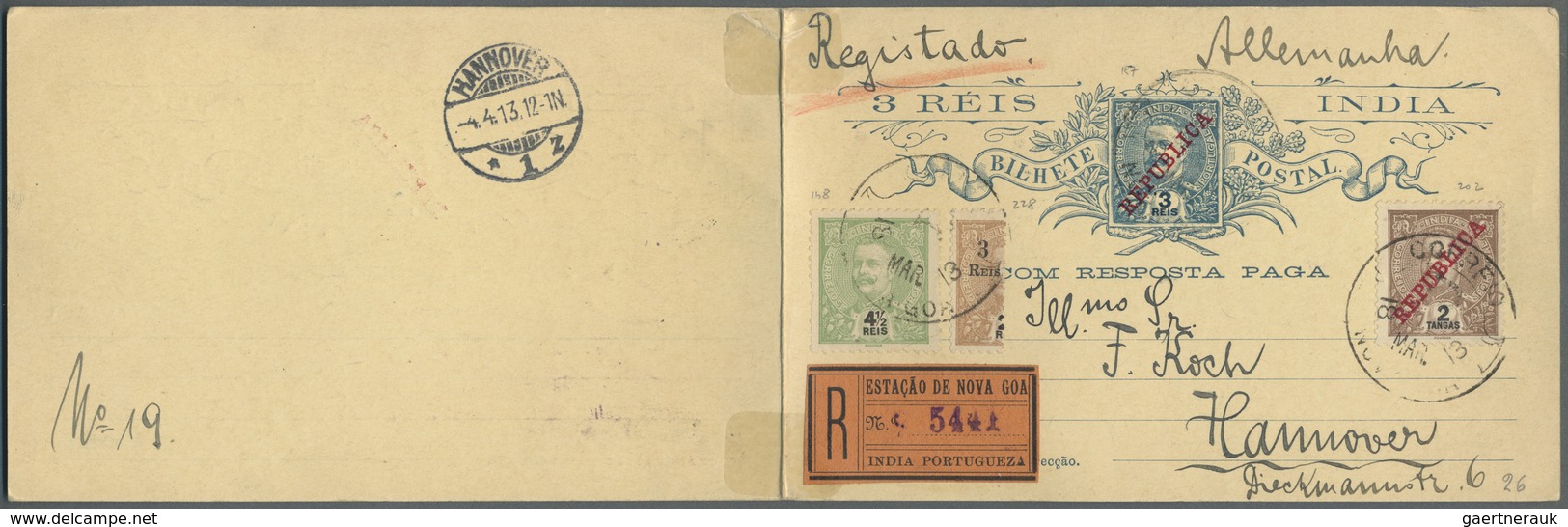 GA Portugiesisch-Indien: 1913, Double Card 3 R. Uprated 4 1/2 R. (no Ovpt.), 2 T. And Bisect 3 R. On 25 - Portugees-Indië