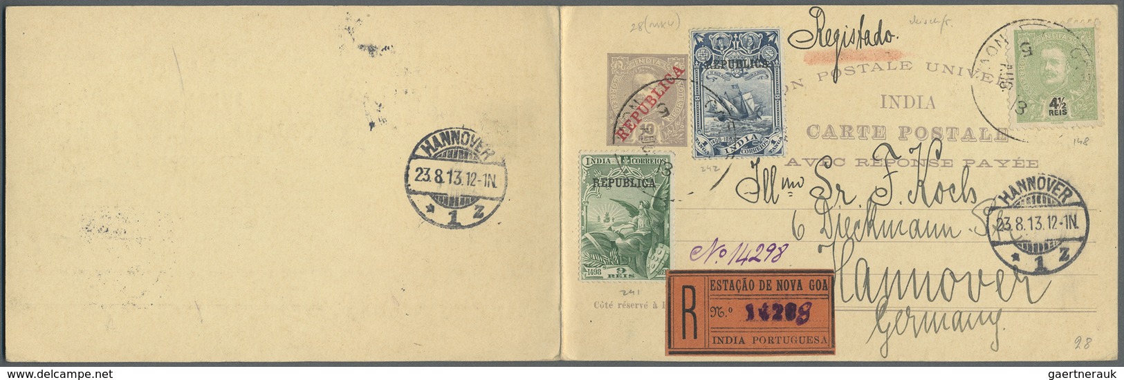 GA Portugiesisch-Indien: 1913, Double Card 10 R. Uprated 4 1/2 R. (no Ovpt.) And 9 R., 1 T. Canc. "NOVA - Portugees-Indië