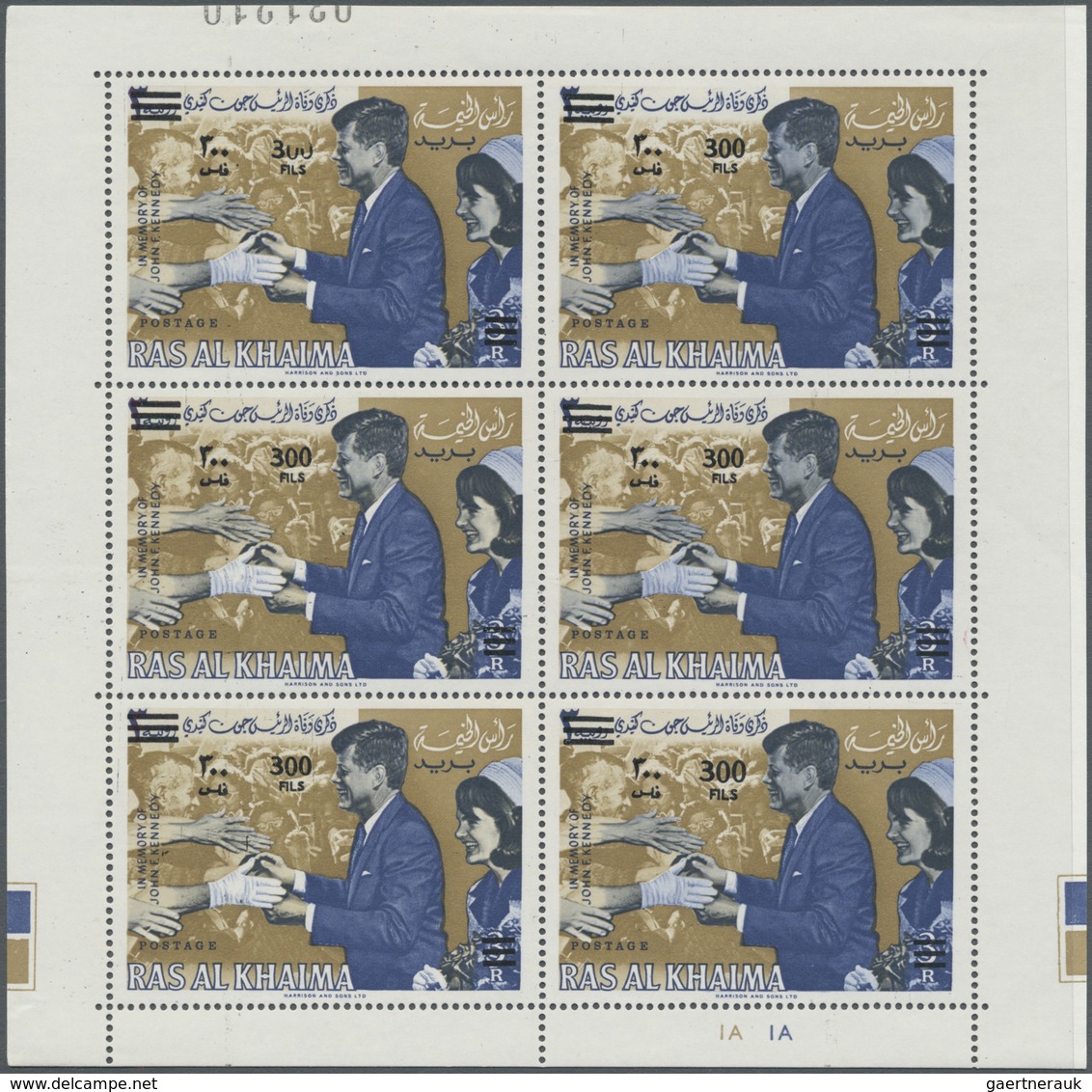 ** Ras al Khaima: 1965/1966, J.F.Kennedy, both issues (without/with overprint), each as mini sheets of