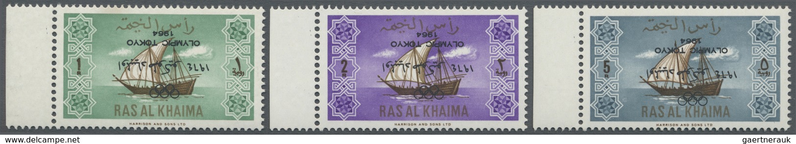 ** Ras Al Khaima: 1965, "OLYMPIC TOKYO 1964" Overprints, Complete Set With Inverted Overprint, Unmounte - Ras Al-Khaima