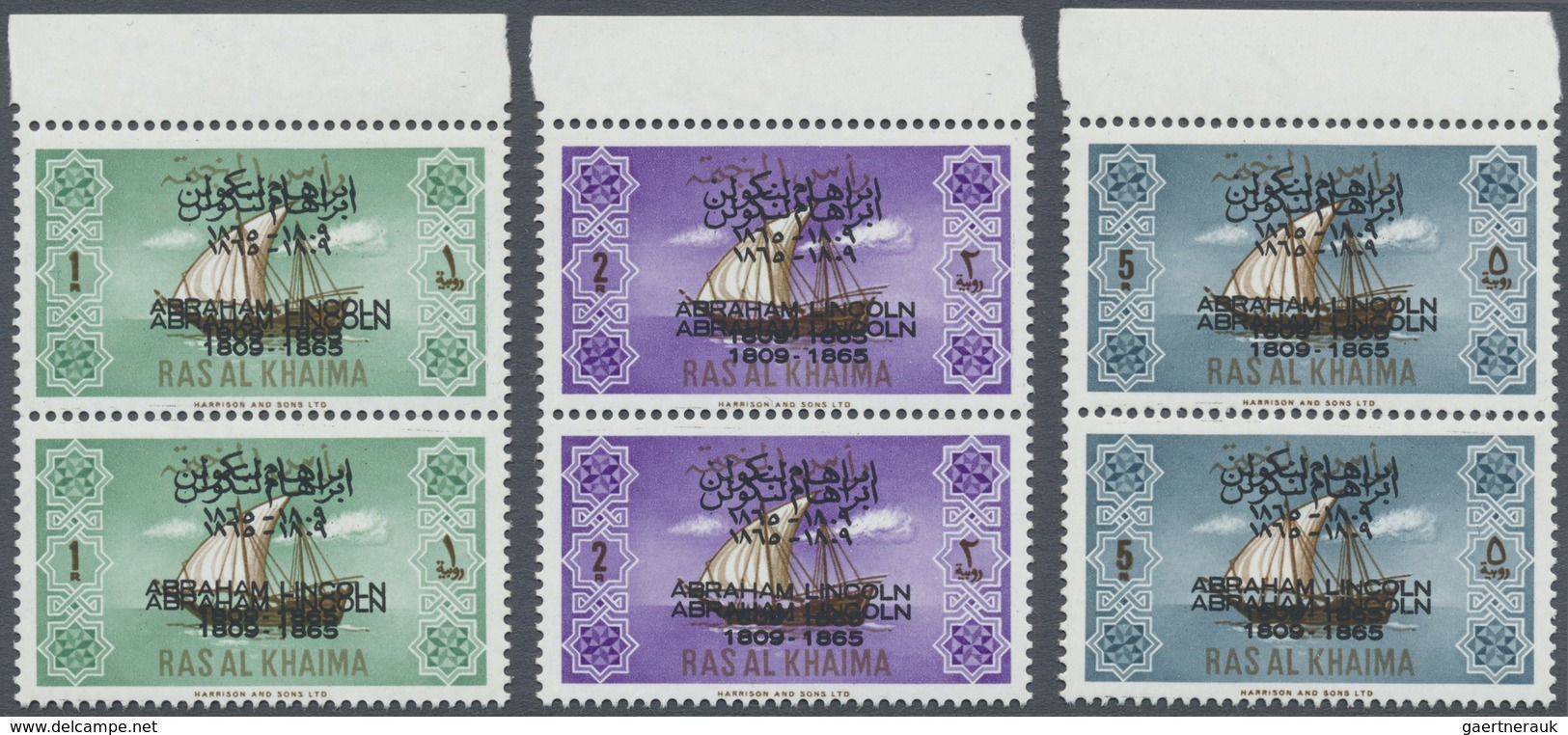 ** Ras Al Khaima: 1965, Arab Dhow Set Of Three With DOUBLE Opt. 'Abraham Lincoln 1809-1865' In Vertical - Ras Al-Khaima