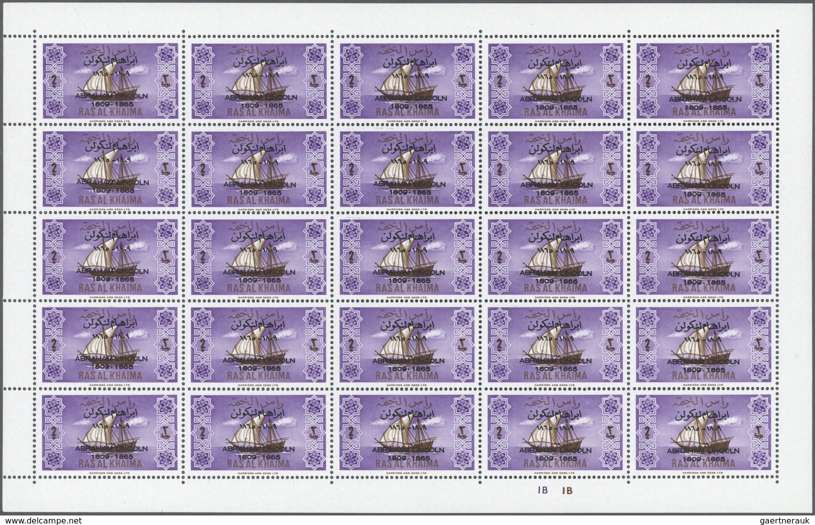 ** Ras Al Khaima: 1965, Abraham Lincoln Overprint, Complete Set Of Three Values As Sheet Of 25 Stamps W - Ras Al-Khaima