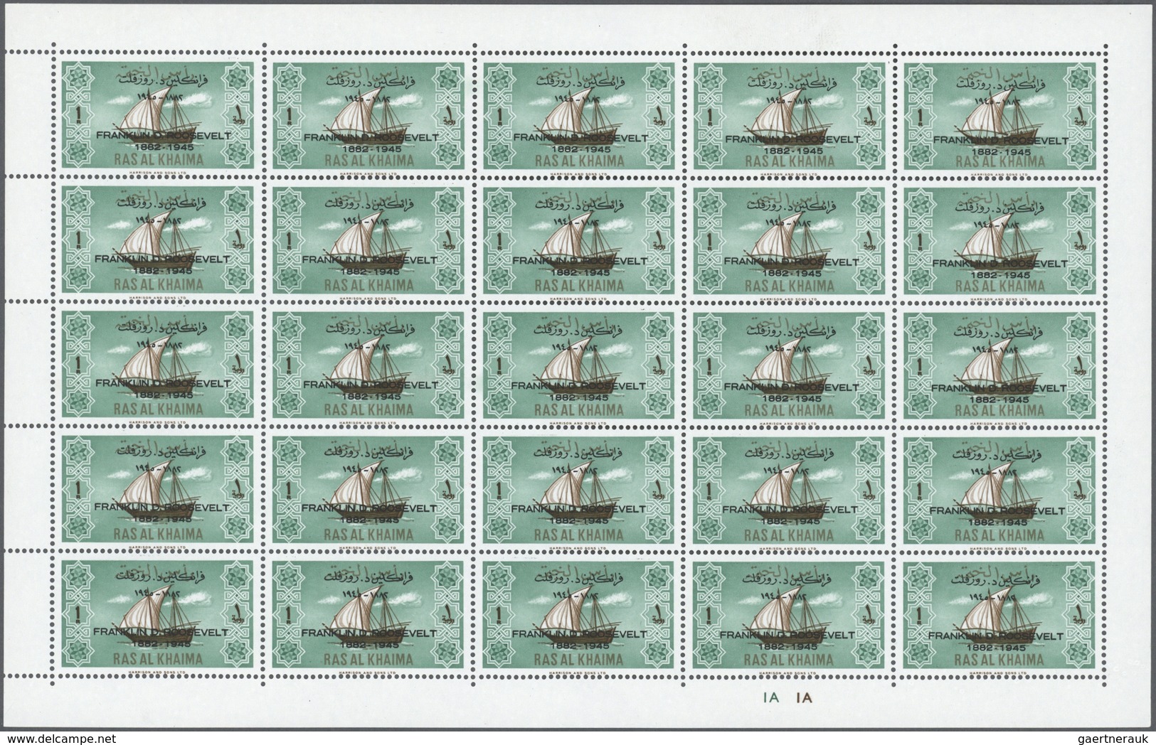 ** Ras Al Khaima: 1965, Franklin D. Roosevelt Overprint, Complete Set Of Three Values As Sheet Of 25 St - Ra's Al-Chaima