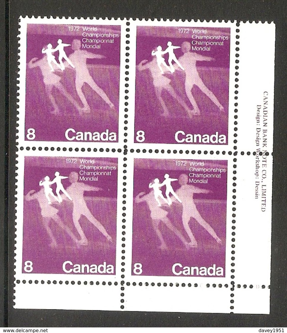 006325 Canada 1972 Skating 8c Plate Block LR MNH - Plate Number & Inscriptions