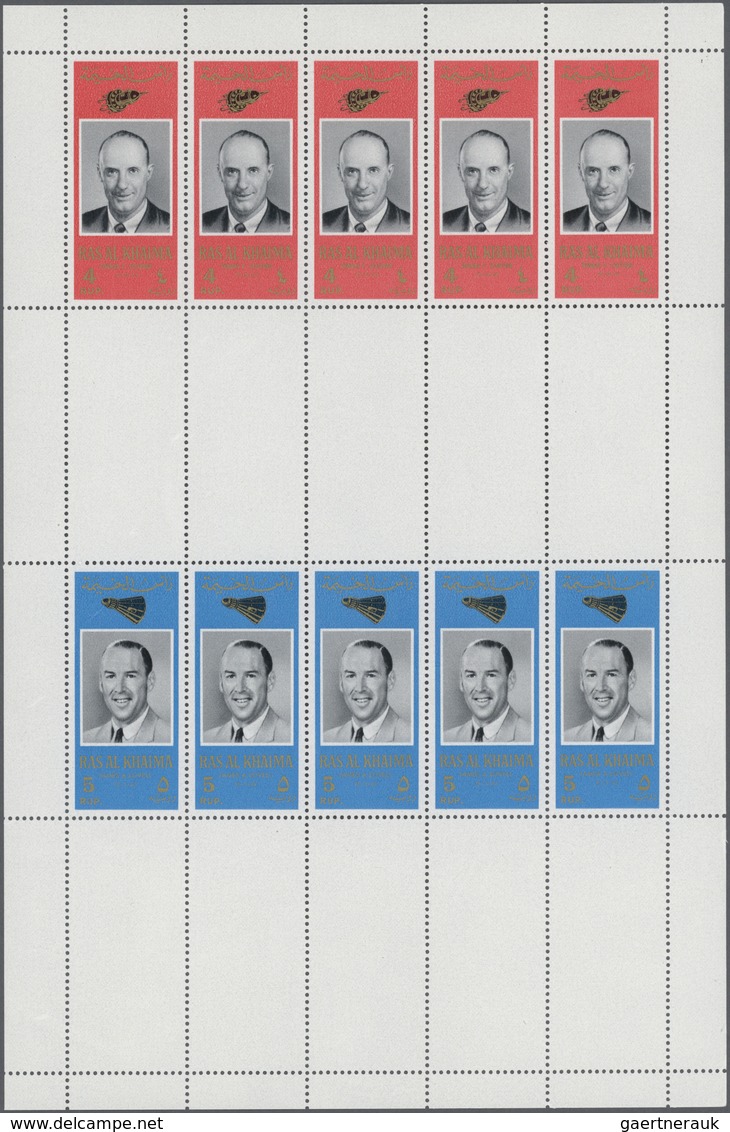 ** Ras Al Khaima: 1966, American Astronauts, Perforated Issue, Four Complete Se-tenant Gutter Sheets (c - Ra's Al-Chaima