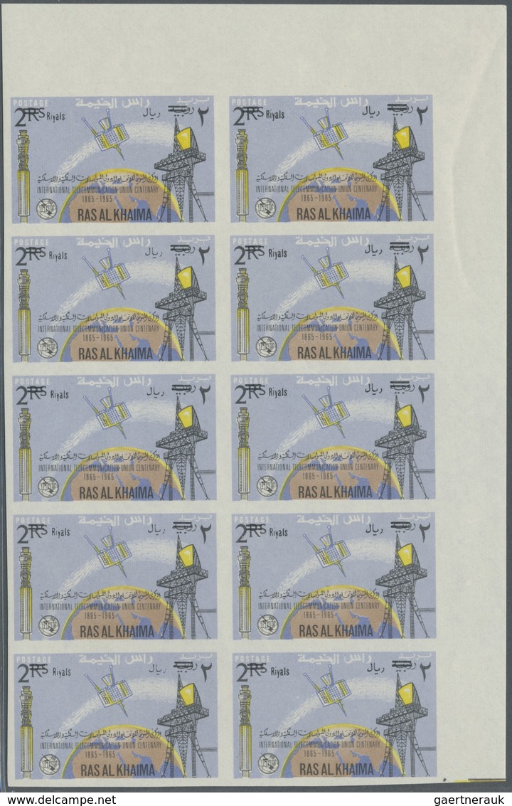 ** Ras Al Khaima: 1966, ITU Revaluation Overprints, Imperforate Issue, Complete Set Of Six Values As Ma - Ras Al-Khaima