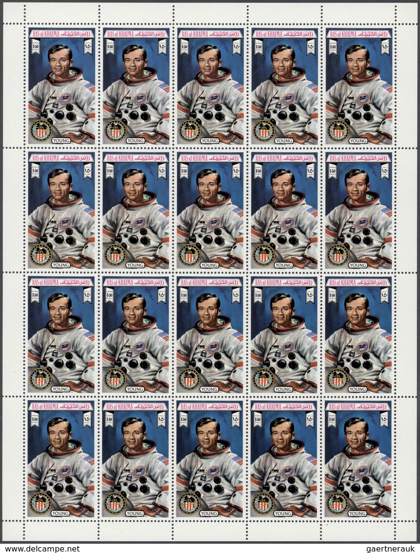 ** Ras Al Khaima: 1972, Apollo 16, Perforated Issue, Complete Set Of Six Values As Sheets Of 20 Stamps, - Ras Al-Khaima