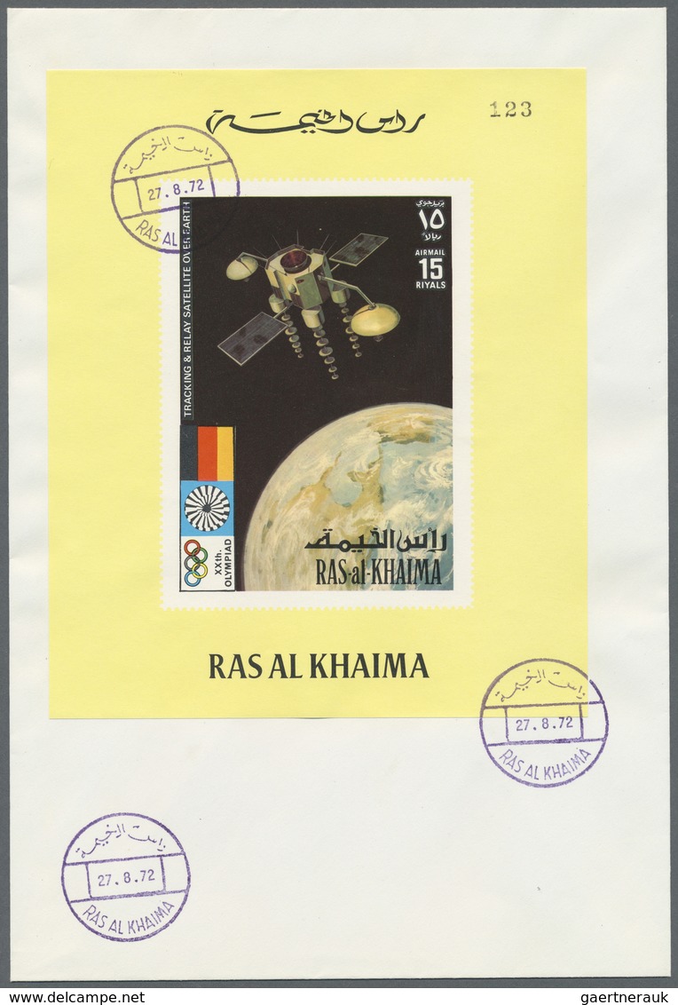 Br Ras Al Khaima: 1972, 15r. "INTELSAT", Perf. And Imperf. Stamp Plus Two Different DE LUXE SHEETS (whi - Ras Al-Khaima