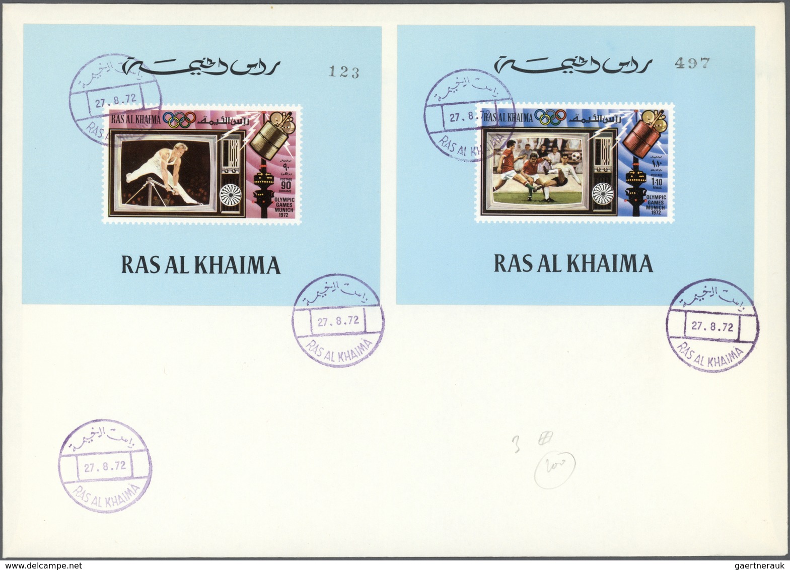 Br Ras Al Khaima: 1972, TV Broadcasting Of Olympic Games, DE LUXE SHEETS With Coloured Margin, Country - Ra's Al-Chaima
