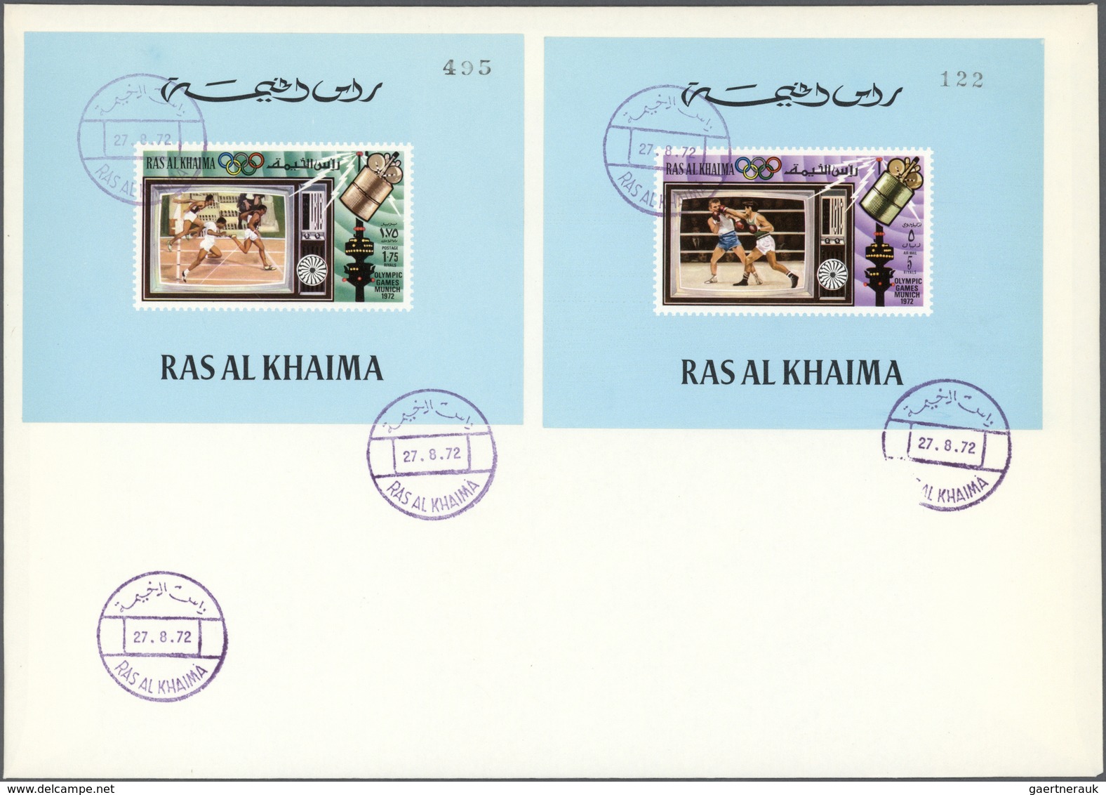 Br Ras al Khaima: 1972, TV Broadcasting of Olympic Games, DE LUXE SHEETS with coloured margin, country