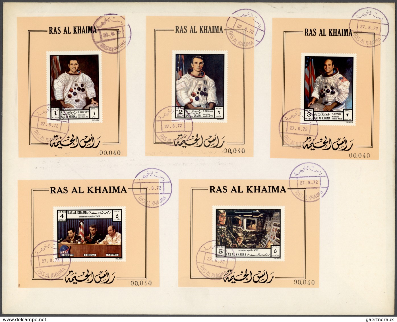 Br Ras Al Khaima: 1972, Apollo 17, DE LUXE SHEETS With Coloured Margin, Country Name And Number "00.040 - Ras Al-Khaima